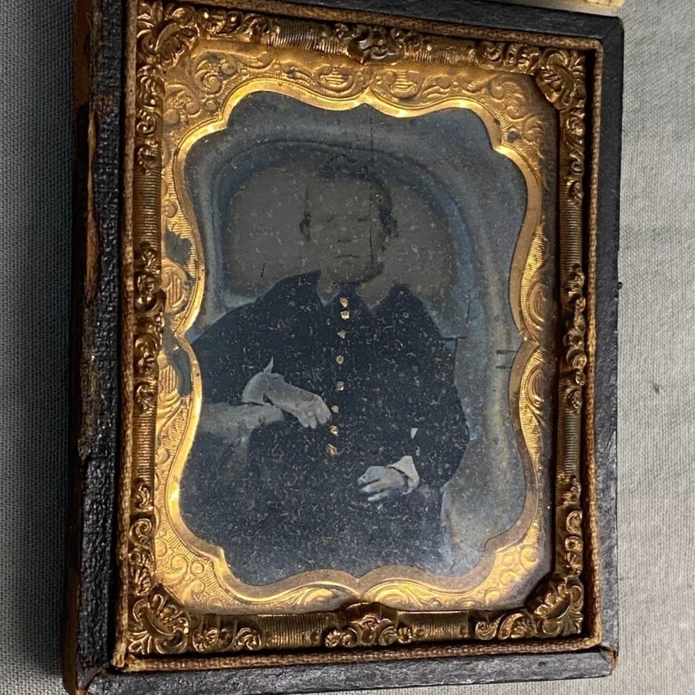 1/9 Plate Ambrotype Photo 1850s Boy Military Jacket Gold Paint Union Case